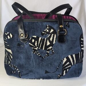 Glenda Gies Vivienne Satchel Shoulderbag Navy Blue Velvet Chenille Zebras EUC
